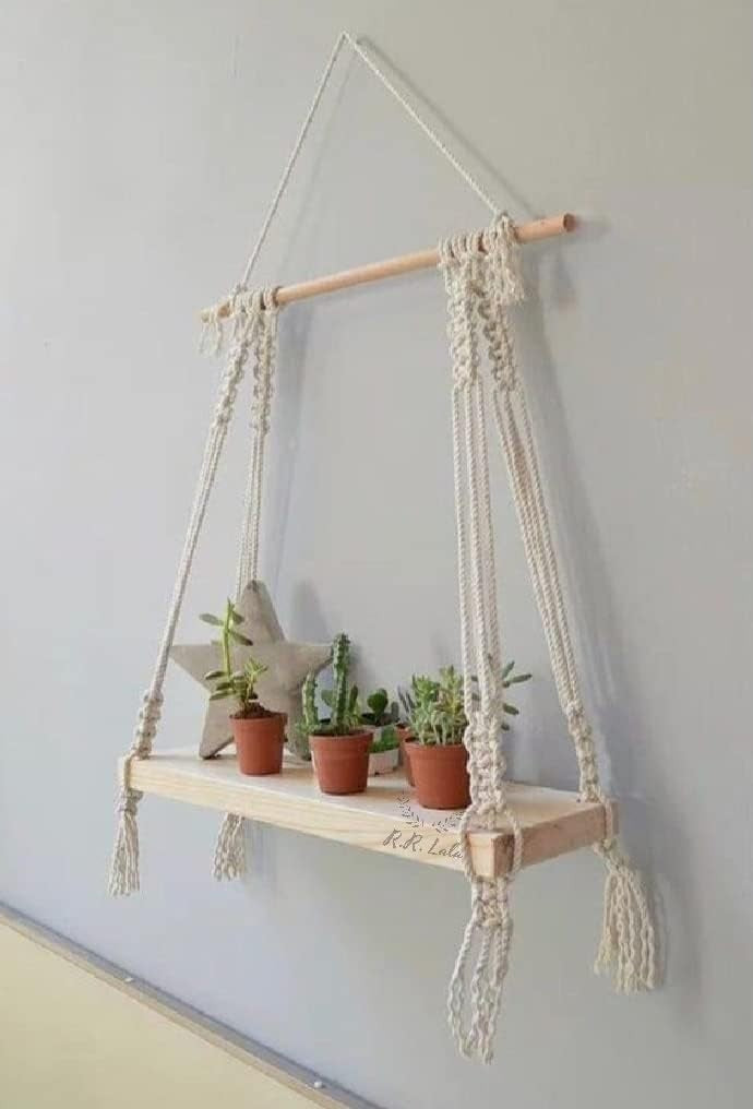 Macrame Hanging Wall Shelf with Wooden Plank