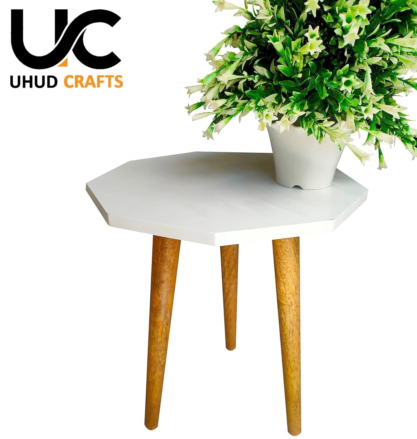 Octagon Side Table (White Top, Wooden Legs)