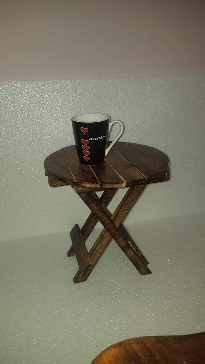 Rustic Foldable Wooden Side Table (X-Leg) – Round Accent Stand for Tea/Coffee & Décor