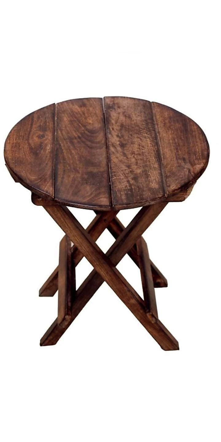 Rustic Foldable Wooden Side Table (X-Leg) – Round Accent Stand for Tea/Coffee & Décor