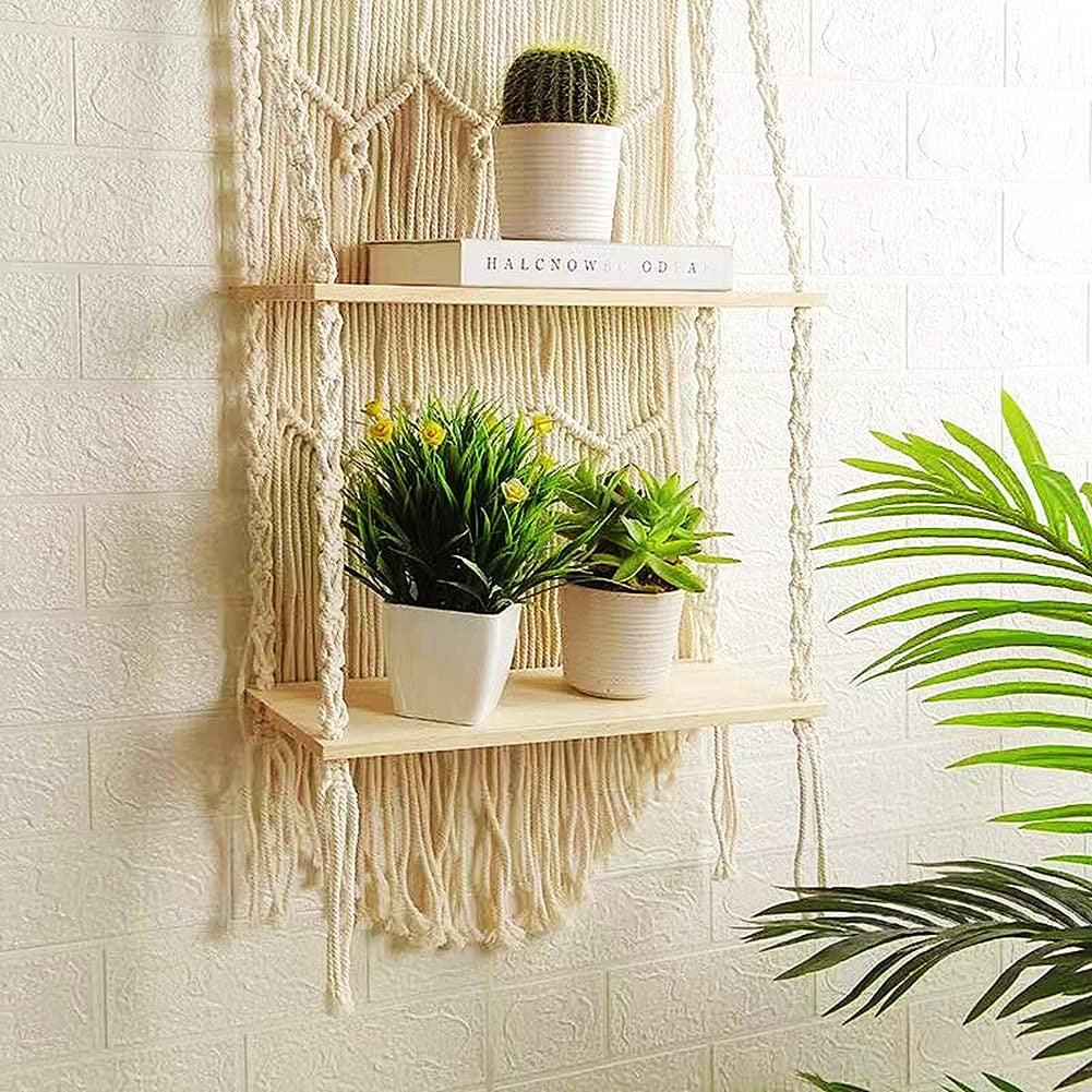 2-Tier Macrame Wall Shelf with Wooden Shelves