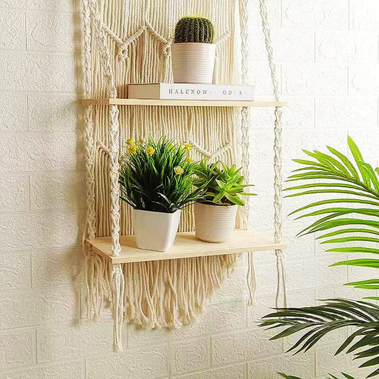 2-Tier Macrame Wall Shelf with Wooden Shelves