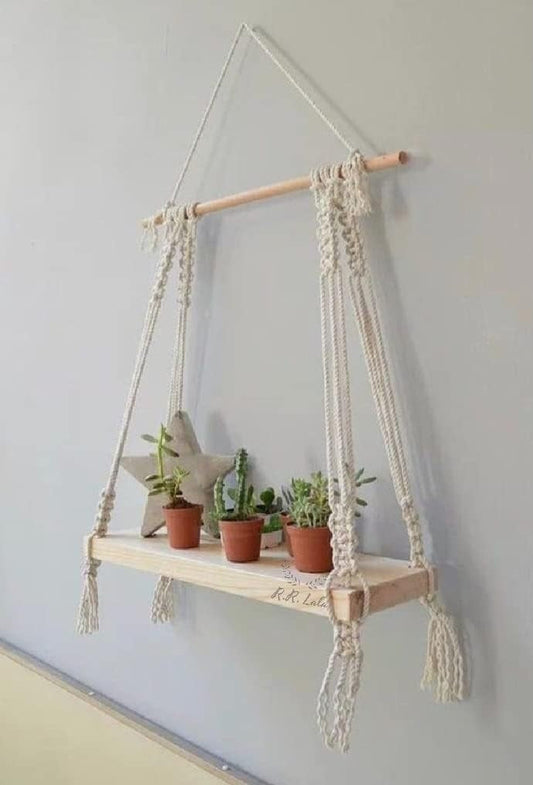 Macrame Hanging Wall Shelf with Wooden Plank