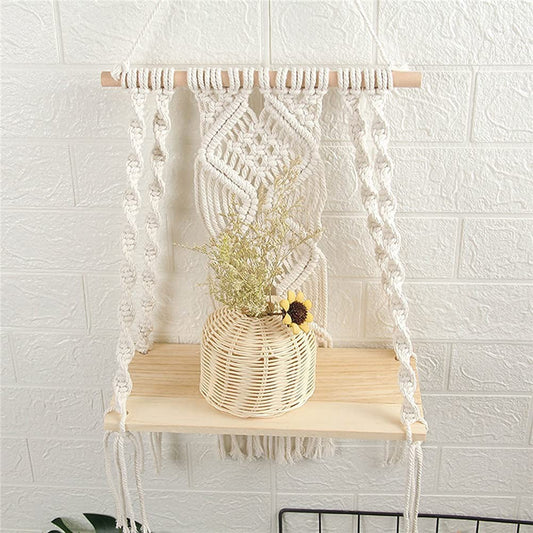 Macrame Swing Shelf with Wooden Board